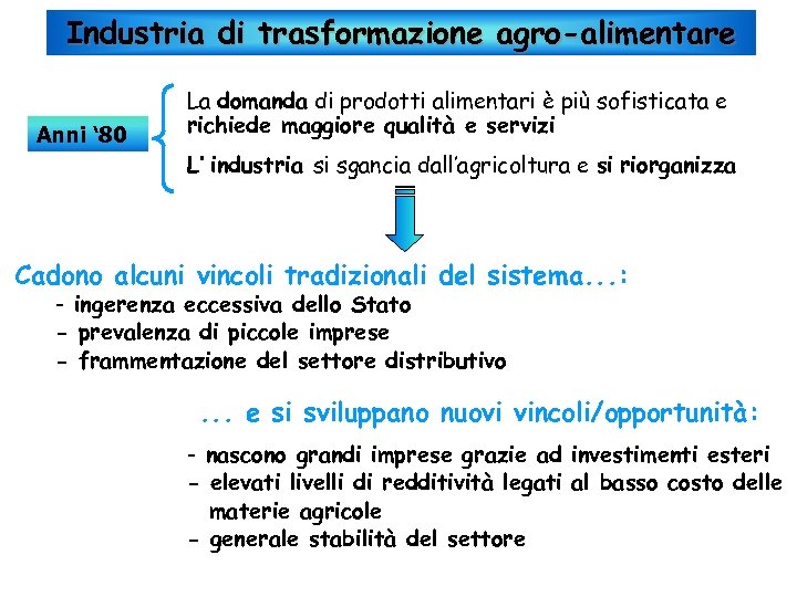 Industria di trasformazione agro-alimentare Anni ‘ 80 La domanda di prodotti alimentari è più