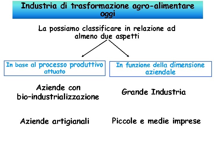 Industria di trasformazione agro-alimentare oggi La possiamo classificare in relazione ad almeno due aspetti