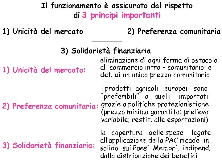 Il funzionamento è assicurato dal rispetto di 3 principi importanti 1) Unicità del mercato