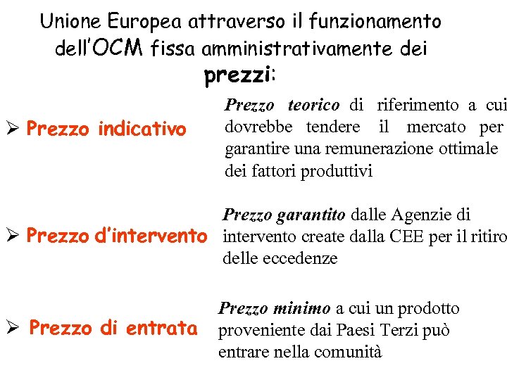 Unione Europea attraverso il funzionamento dell’OCM fissa amministrativamente dei prezzi: Ø Prezzo indicativo Prezzo