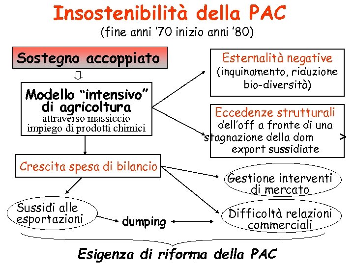 Insostenibilità della PAC (fine anni ‘ 70 inizio anni ’ 80) Sostegno accoppiato Modello
