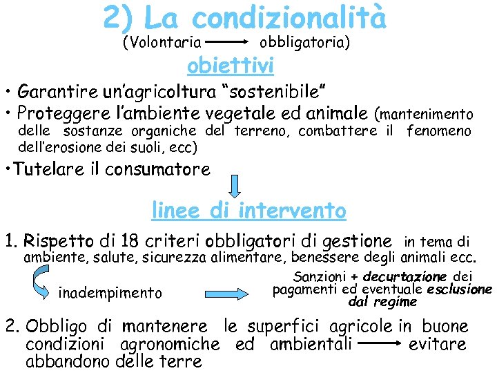2) La condizionalità (Volontaria obbligatoria) obiettivi • Garantire un’agricoltura “sostenibile” • Proteggere l’ambiente vegetale