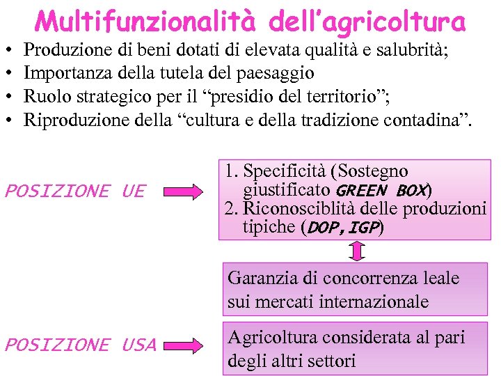  • • Multifunzionalità dell’agricoltura Produzione di beni dotati di elevata qualità e salubrità;