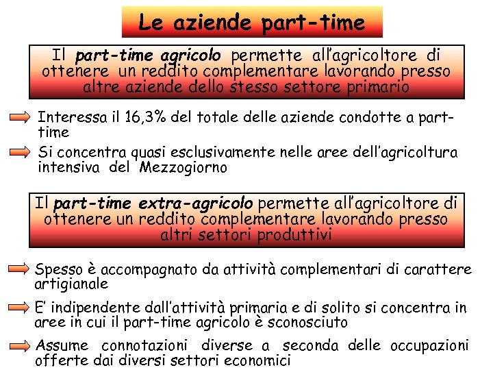 Le aziende part-time Il part-time agricolo permette all’agricoltore di ottenere un reddito complementare lavorando