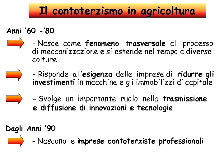 Il contoterzismo in agricoltura Anni ’ 60 -’ 80 - Nasce come fenomeno trasversale