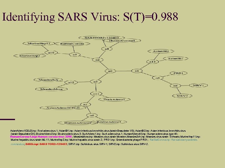 Identifying SARS Virus: S(T)=0. 988 Avian. Adeno 1 CELO. inp: Fowl adenovirus 1; Avian.