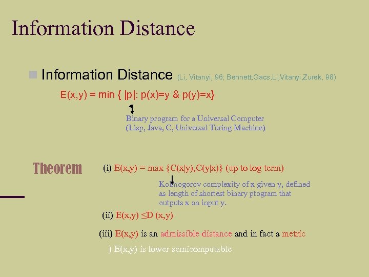 Information Distance (Li, Vitanyi, 96; Bennett, Gacs, Li, Vitanyi, Zurek, 98) E(x, y) =