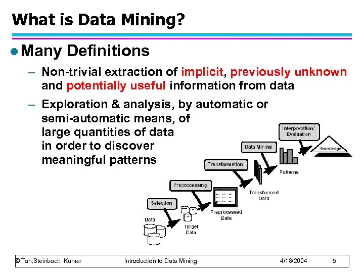 What is Data Mining? l Many Definitions – Non-trivial extraction of implicit, previously unknown