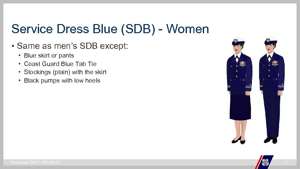 Service Dress Blue (SDB) - Women • Same as men’s SDB except: • •