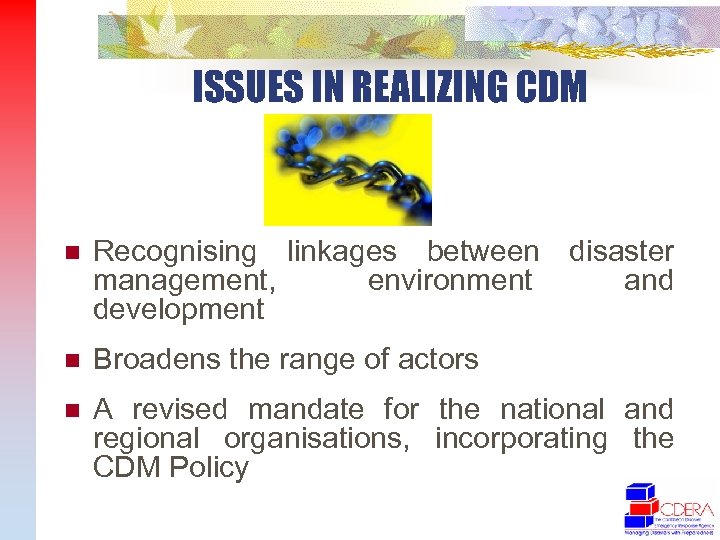 ISSUES IN REALIZING CDM n Recognising linkages between disaster management, environment and development n