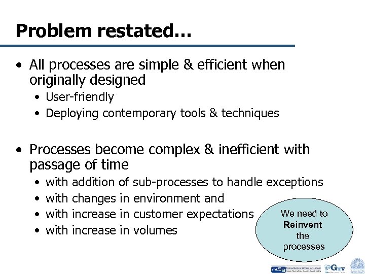 Problem restated… • All processes are simple & efficient when originally designed • User-friendly