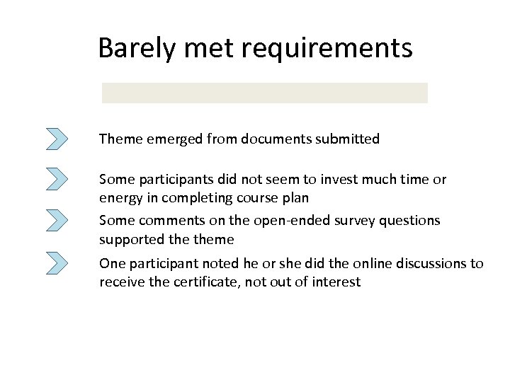 Barely met requirements Theme emerged from documents submitted Some participants did not seem to