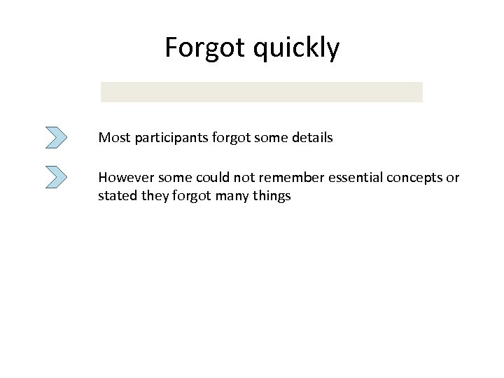 Forgot quickly Most participants forgot some details However some could not remember essential concepts