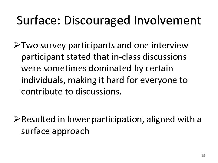 Surface: Discouraged Involvement Ø Two survey participants and one interview participant stated that in-class