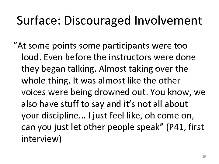 Surface: Discouraged Involvement “At some points some participants were too loud. Even before the