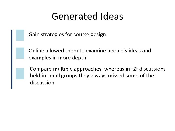 Generated Ideas Gain strategies for course design Online allowed them to examine people’s ideas