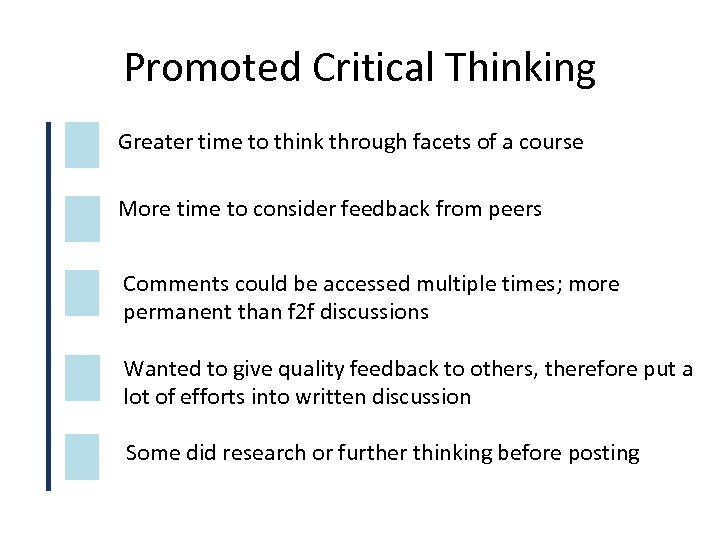Promoted Critical Thinking Greater time to think through facets of a course More time