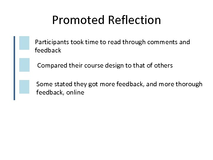 Promoted Reflection Participants took time to read through comments and feedback Compared their course