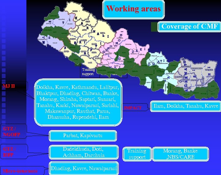 Working areas Coverage of CMF MJ Coverage of CMF Training support II Morang, Banke