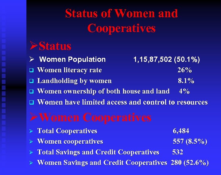 Status of Women and Cooperatives ØStatus Ø Women Population 1, 15, 87, 502 (50.