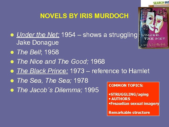 NOVELS BY IRIS MURDOCH l l l Under the Net; 1954 – shows a