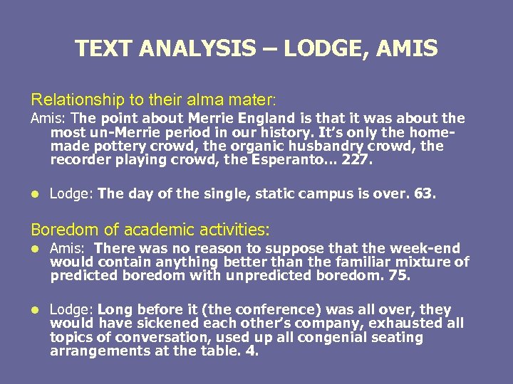 TEXT ANALYSIS – LODGE, AMIS Relationship to their alma mater: Amis: The point about
