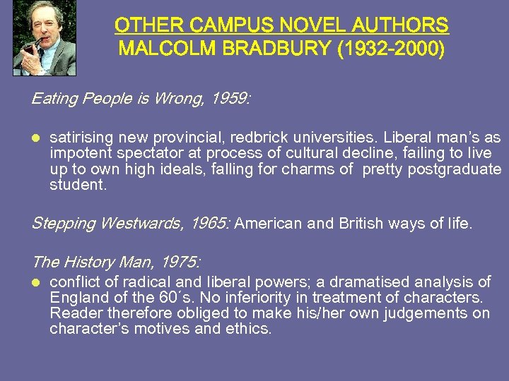 OTHER CAMPUS NOVEL AUTHORS MALCOLM BRADBURY (1932 -2000) Eating People is Wrong, 1959: l
