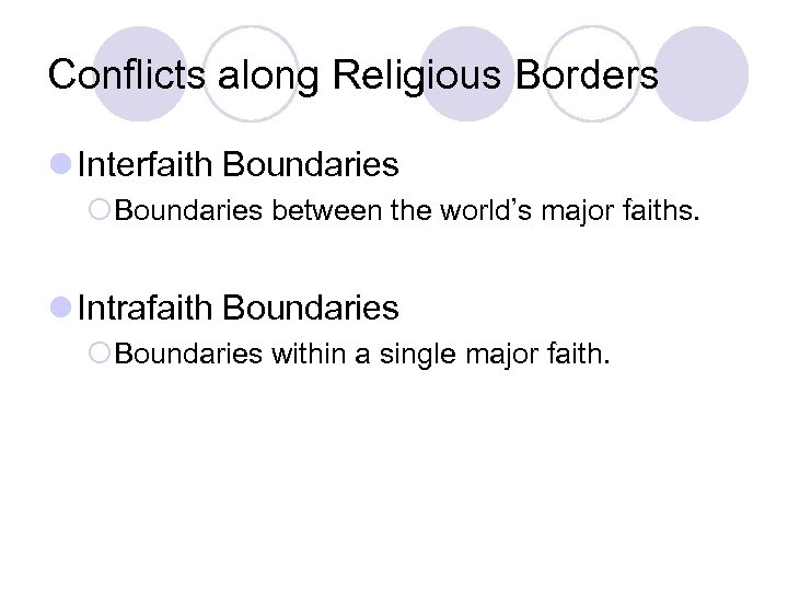 Conflicts along Religious Borders l Interfaith Boundaries ¡Boundaries between the world’s major faiths. l