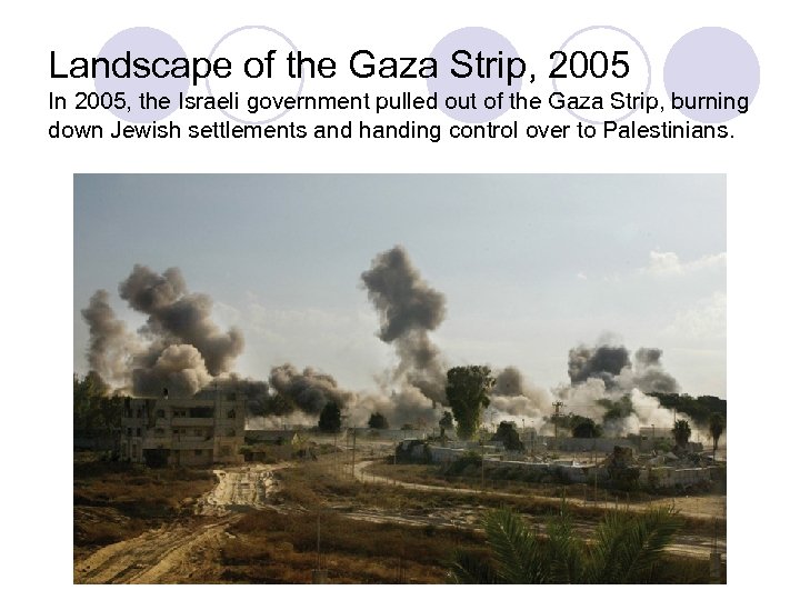 Landscape of the Gaza Strip, 2005 In 2005, the Israeli government pulled out of
