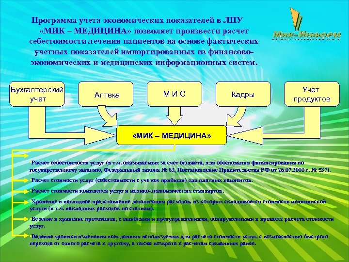 Программа учета экономических показателей в ЛПУ «МИК – МЕДИЦИНА» позволяет произвести расчет себестоимости лечения
