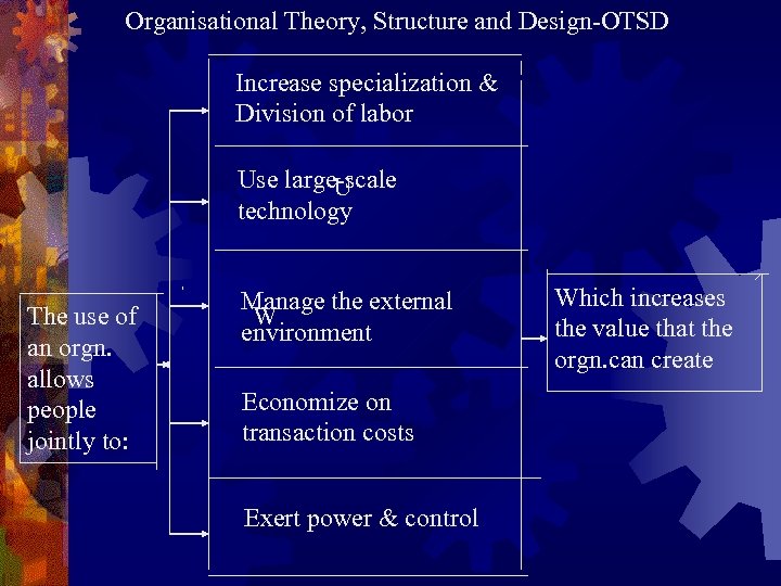 Organisational Theory, Structure and Design-OTSD Increase specialization & Division of labor Use large-scale U