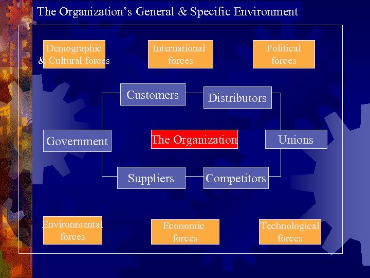 The Organization’s General & Specific Environment Demographic & Cultural forces International forces Customers Government