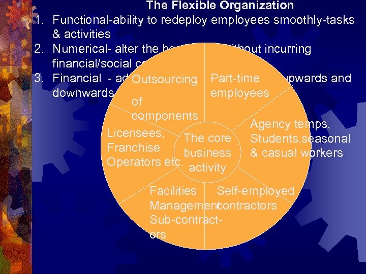 The Flexible Organization 1. Functional-ability to redeploy employees smoothly-tasks & activities 2. Numerical- alter