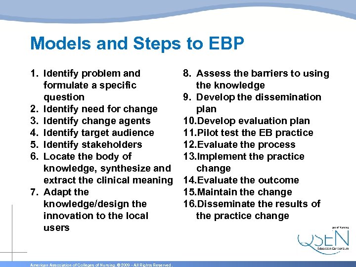 Models and Steps to EBP 1. Identify problem and formulate a specific question 2.