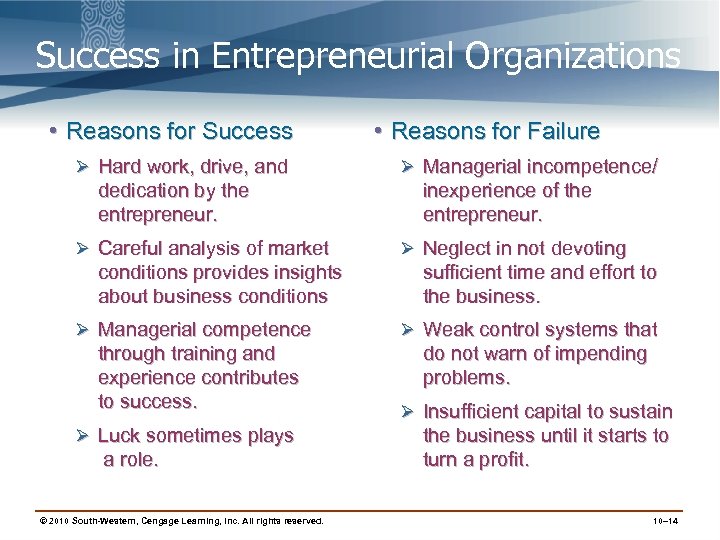 Success in Entrepreneurial Organizations • Reasons for Success Ø Hard work, drive, and dedication