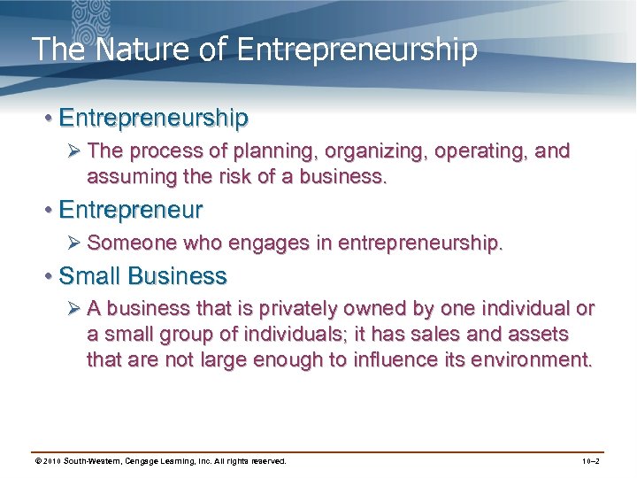 The Nature of Entrepreneurship • Entrepreneurship Ø The process of planning, organizing, operating, and