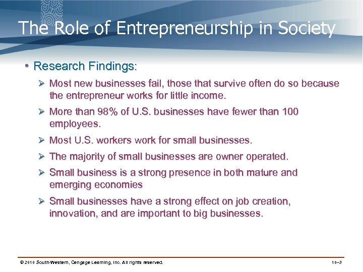 The Role of Entrepreneurship in Society • Research Findings: Ø Most new businesses fail,