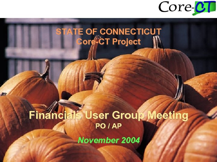 STATE OF CONNECTICUT Core-CT Project Financials User Group Meeting PO / AP November 2004