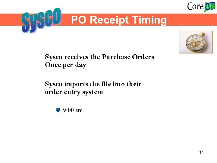  PO Receipt Timing Sysco receives the Purchase Orders Once per day Sysco imports