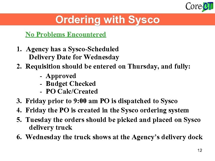 Ordering with Sysco No Problems Encountered 1. Agency has a Sysco-Scheduled Delivery Date for