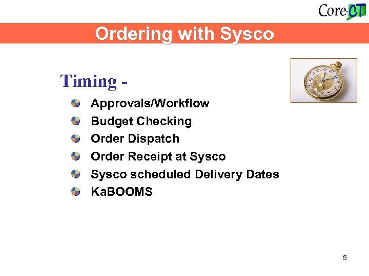 Ordering with Sysco Timing - Approvals/Workflow Budget Checking Order Dispatch Order Receipt at Sysco