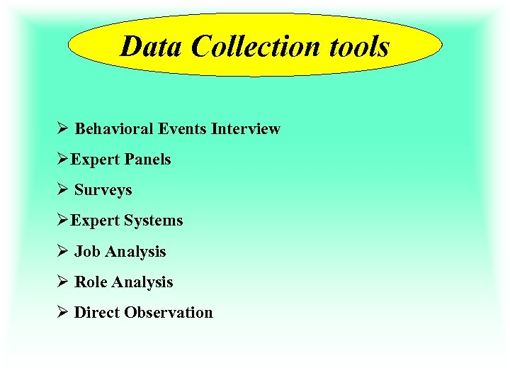 Data Collection tools Ø Behavioral Events Interview ØExpert Panels Ø Surveys ØExpert Systems Ø