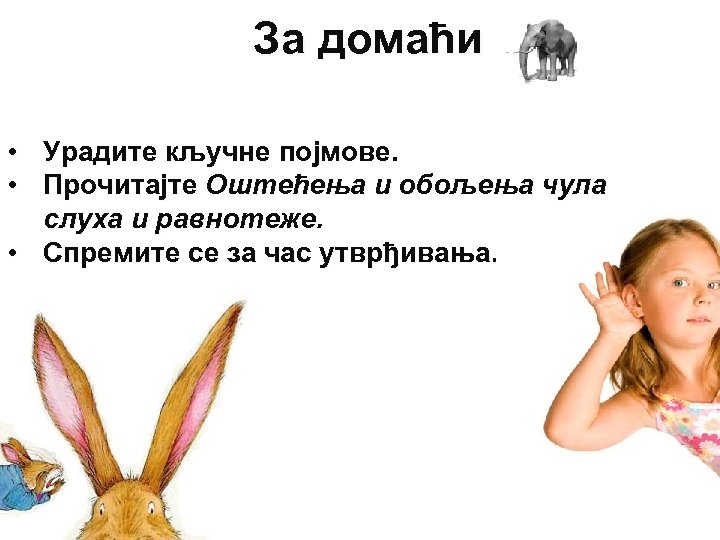 За домаћи • Урадите кључне појмове. • Прочитајте Оштећења и обољења чула слуха и