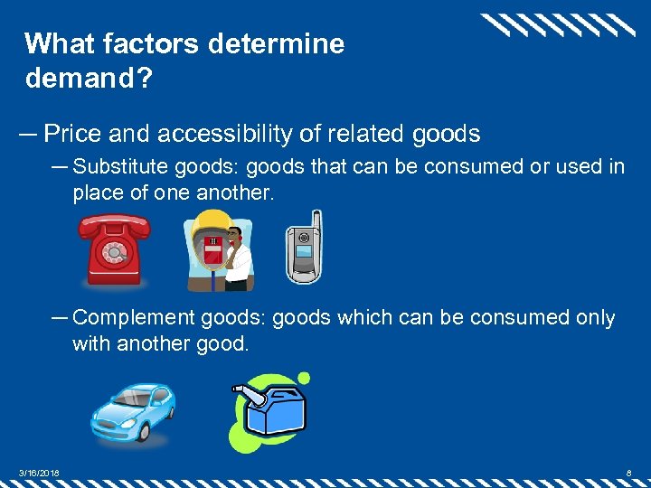What factors determine demand? ─ Price and accessibility of related goods ─ Substitute goods: