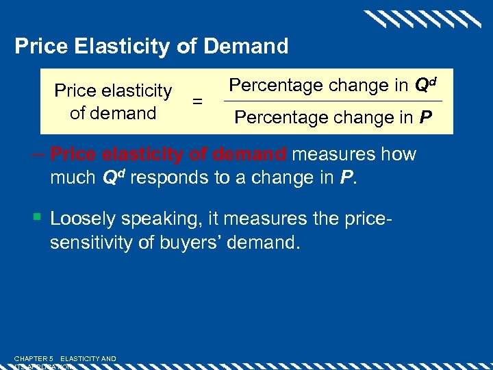 Price Elasticity of Demand Price elasticity of demand = Percentage change in Qd Percentage