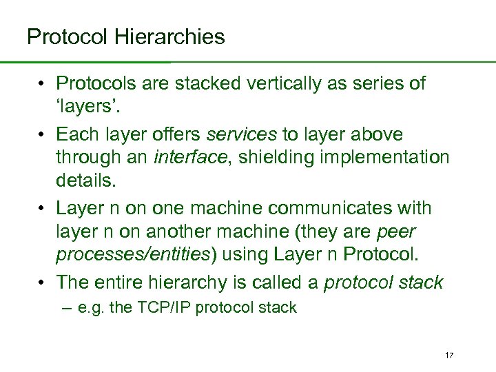 Protocol Hierarchies • Protocols are stacked vertically as series of ‘layers’. • Each layer