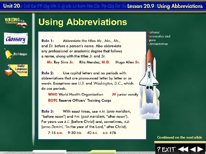 Using Abbreviations Continued on the next slide 