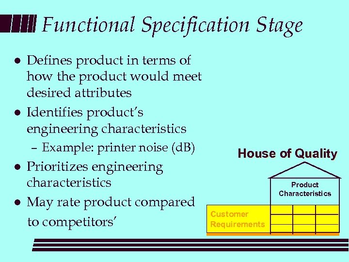 Functional Specification Stage l l Defines product in terms of how the product would