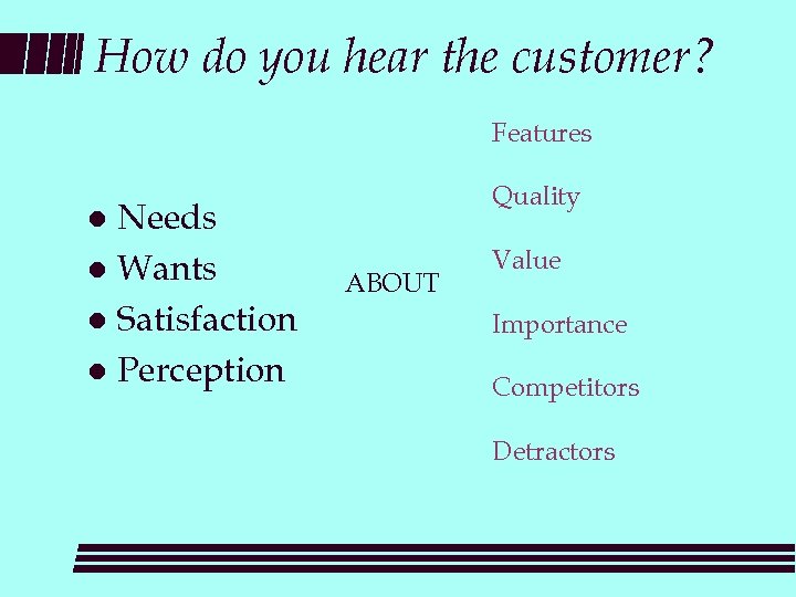 How do you hear the customer? Features Needs l Wants l Satisfaction l Perception