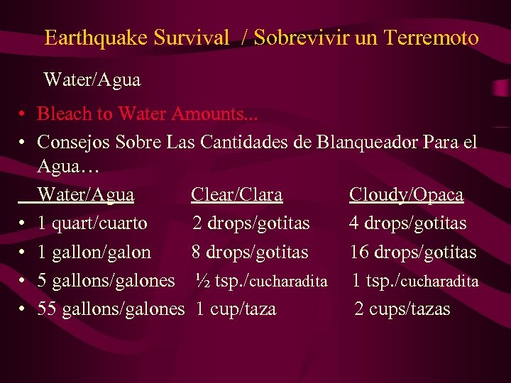 Earthquake Survival / Sobrevivir un Terremoto Water/Agua • Bleach to Water Amounts. . .